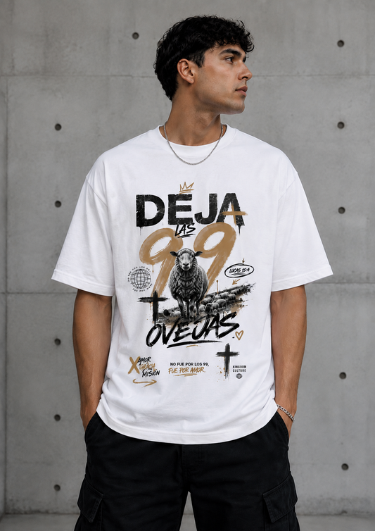 Camiseta cristiana oversize Deja las 99 en blanco - modelo hombre