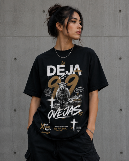 Camiseta cristiana oversize Deja las 99 en negro - modelo mujer